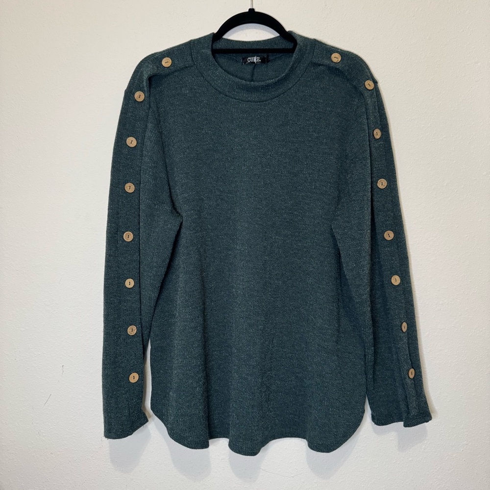CURE Women’s Green Long Sleeve Knit Pullover Sweater Button Accents Size 2XL